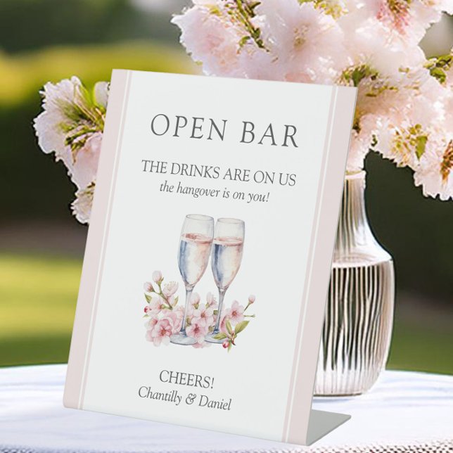 Cherry Blossom Wedding Funny Open Bar Pedestal Sign (Open Bar Sign from the Cherry Blossom Wedding Collection by Darling & May)