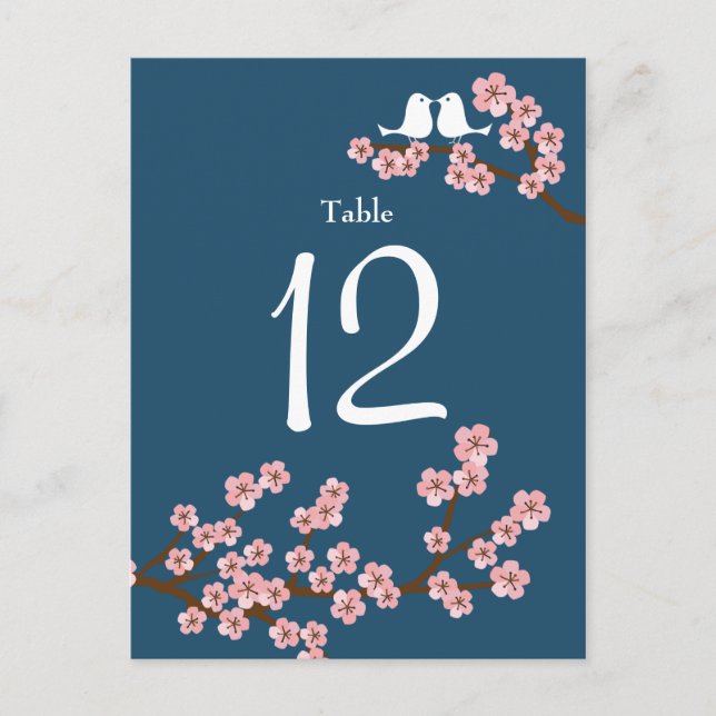 Cherry Blossom Wedding (Navy) Table Number Postcard (Front)