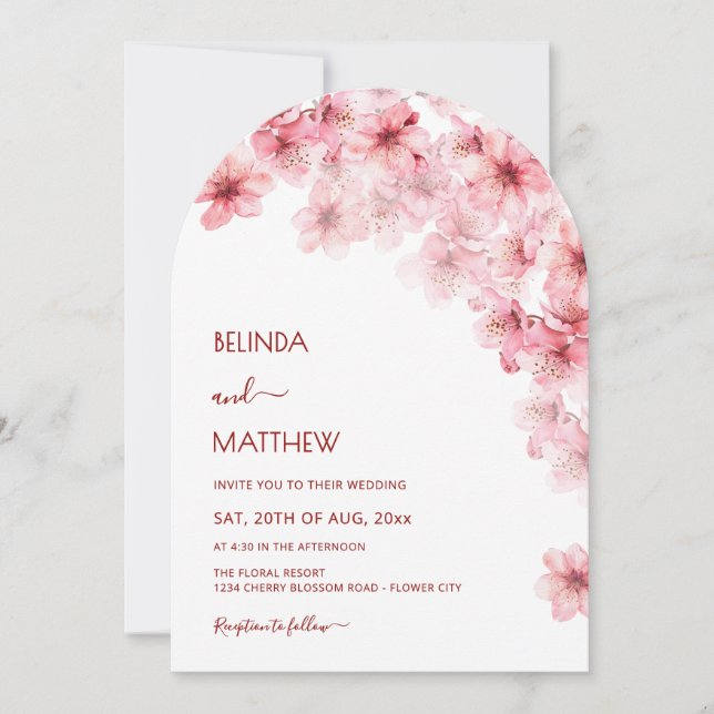  Cherry Blossom White Arched Casual Wedding Invitation (Front)