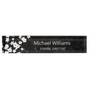 Cherry Blossom White Black Marble Funeral Director Nameplate