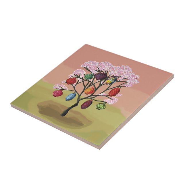 Cherry Blossom with oriental paper lanterns Ceramic Tile (Side)
