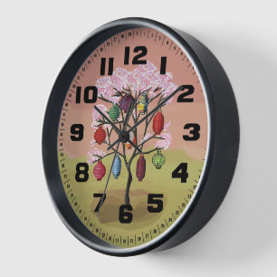 Cherry Blossom with oriental paper lanterns Clock