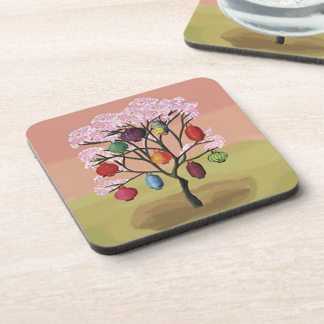 Cherry Blossom with oriental paper lanterns Coaster (Left Side)