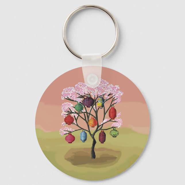 Cherry Blossom with oriental paper lanterns Key Ring (Front)