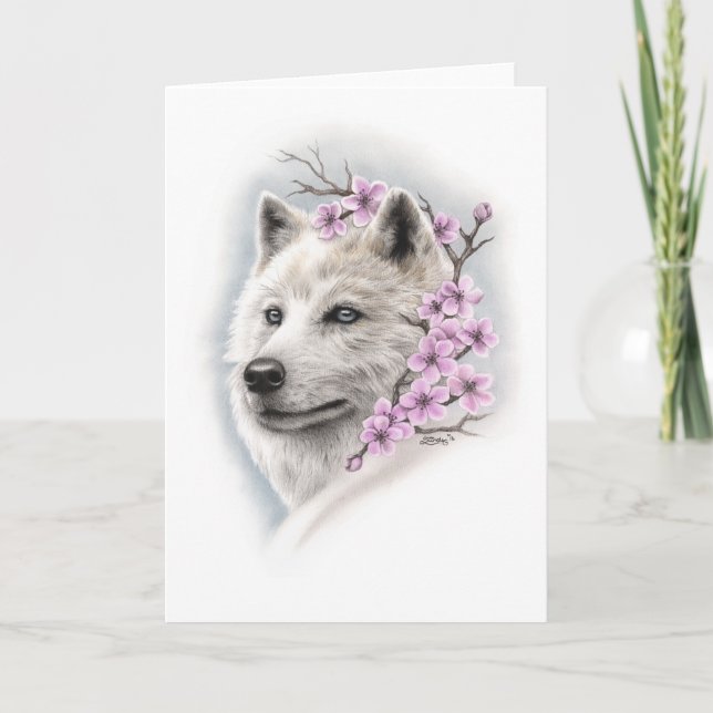 Cherry Blossom Wolf Greeting Card (Front)