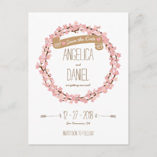 Cherry Blossom Wreath Boho Save the Date Announcement Postcard