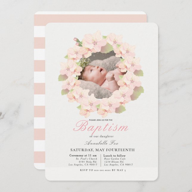 Cherry Blossom Wreath Floral Girl Photo Baptism Invitation (Front/Back)