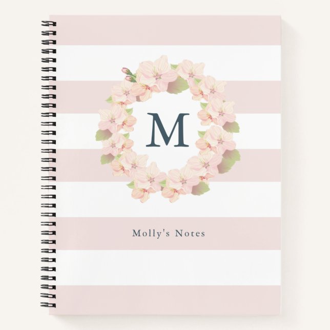 Cherry Blossom Wreath Pink Monogram Notebook (Front)