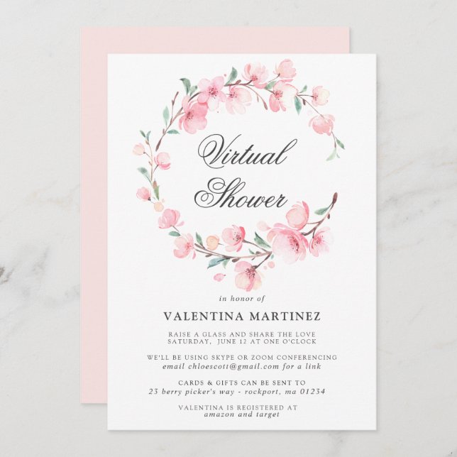 Cherry Blossom Wreath Virtual Bridal Baby Shower Invitation (Front/Back)