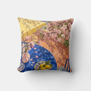 Cherry Blossom Yellow Parasol Blue Table Lemons Cushion