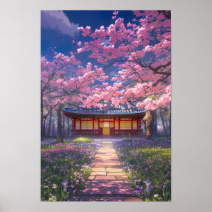Cherry Blossoms and a Traditional Temple Poster