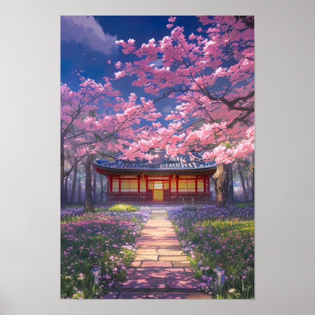 Cherry Blossoms and a Traditional Temple Poster (Front)