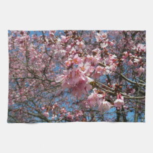 Cherry Blossoms and Bee Pink Spring Flowers Tea Towel