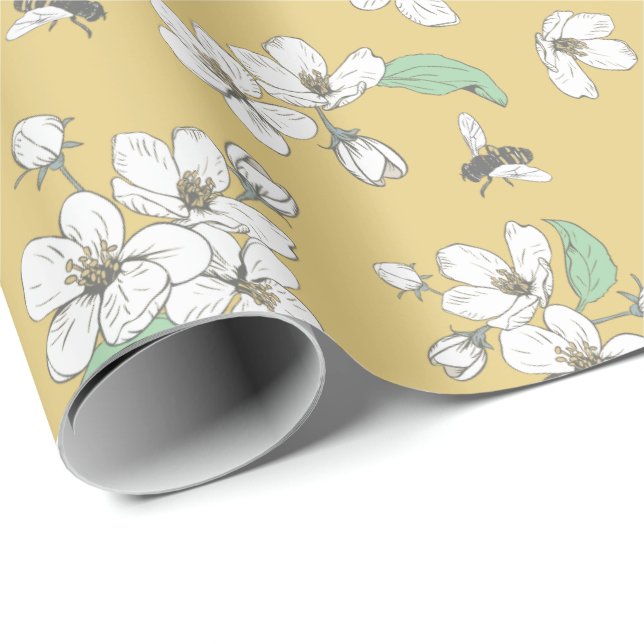 Cherry Blossoms and Bees Satin Gold Seamless Wrapping Paper (Roll Corner)