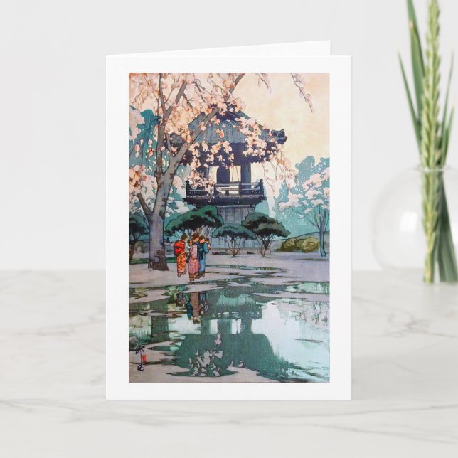 Cherry Blossoms and Belfry, Hiroshi Yoshida Card (Front)