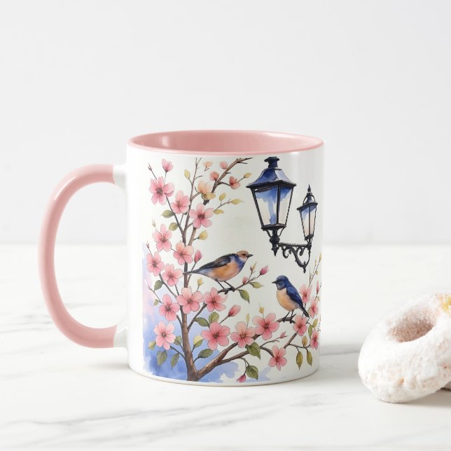Cherry Blossoms and birds Mug (With Donut)