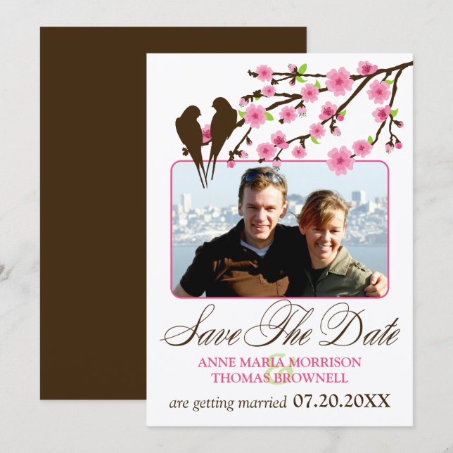 Cherry Blossoms and Love Birds Photo Save The Date Invitation (Front/Back)