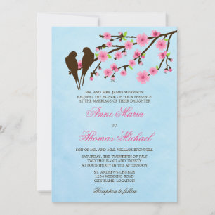 Cherry Blossoms and Love Birds Wedding Invitation