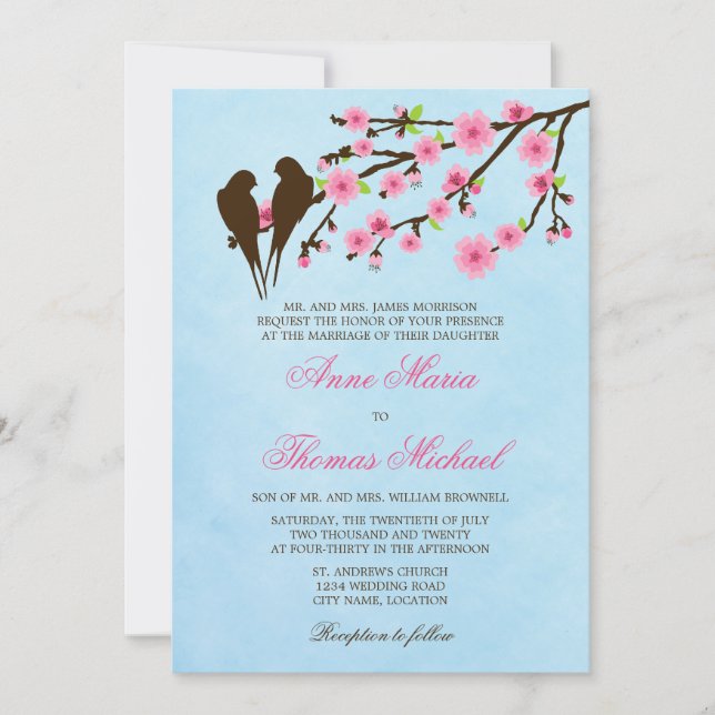 Cherry Blossoms and Love Birds Wedding Invitation (Front)