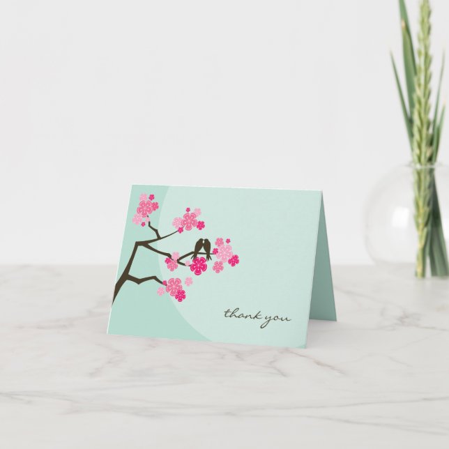 Cherry Blossoms And Love Birds Whimsical Wedding Thank You Card (Front)