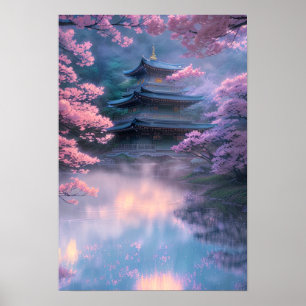 Cherry Blossoms and Misty Temple Poster