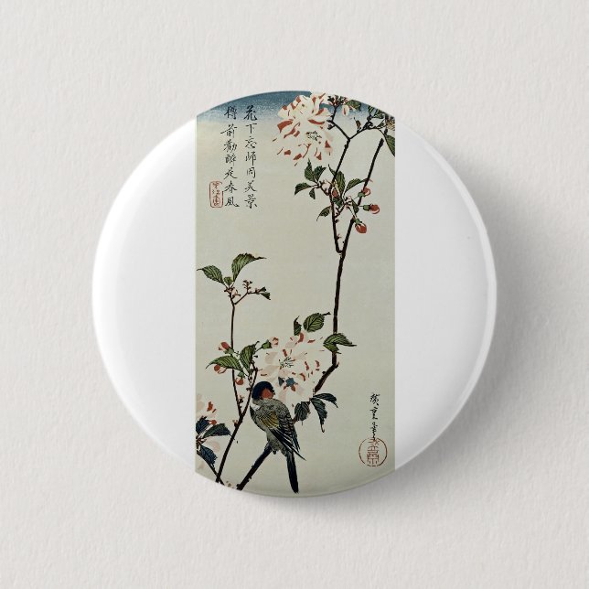Cherry Blossoms and Small Bird 6 Cm Round Badge (Front)