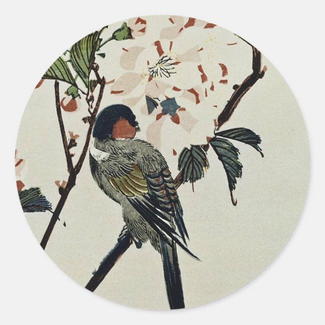 Cherry Blossoms and Small Bird Classic Round Sticker (Front)