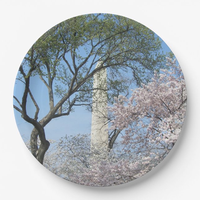 Cherry Blossoms and the Washington Monument in DC Paper Plate (Front)