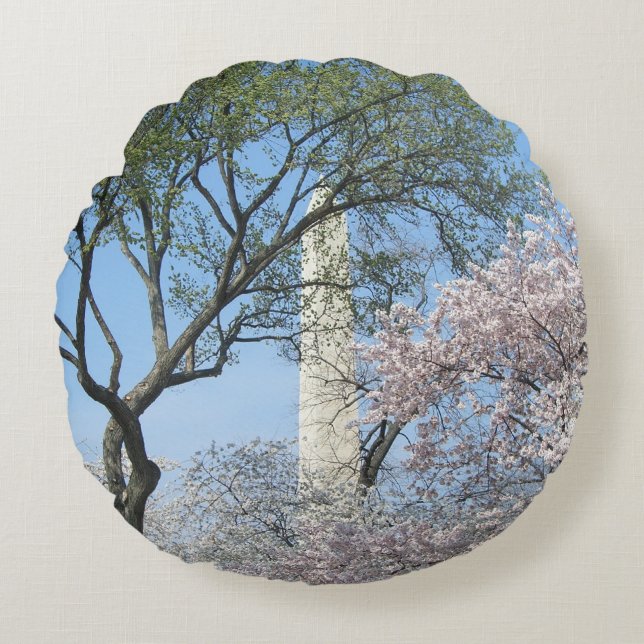 Cherry Blossoms and the Washington Monument in DC Round Cushion (Front)