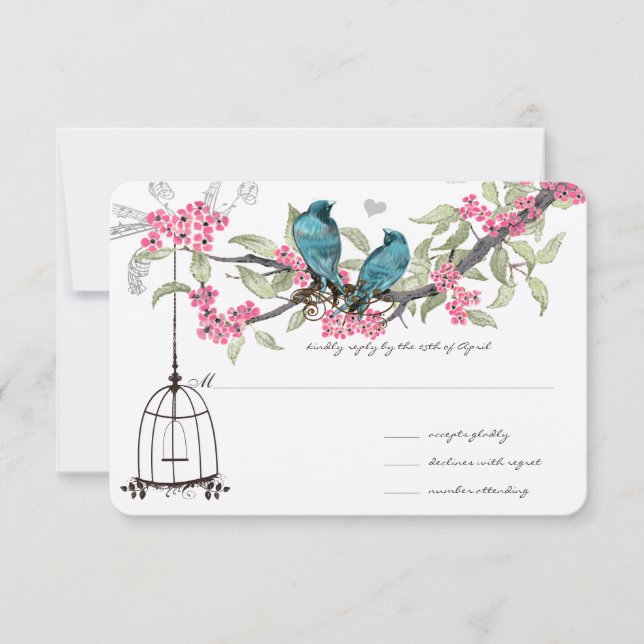 Cherry Blossoms Aqua Birds and Birdcage RSVP (Front)