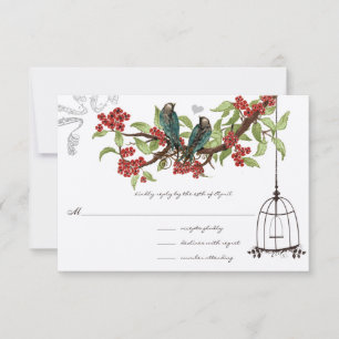 Cherry Blossoms Aqua Birds and Birdcage RSVP Card