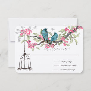 Cherry Blossoms Aqua Birds and Birdcage RSVP Card