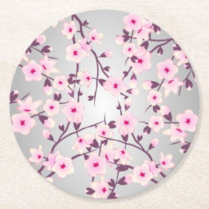 Cherry Blossoms Asia Floral Pink Grey Round Paper Coaster