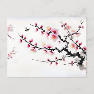 Cherry Blossoms Asian Ink Painting Holiday Postcard