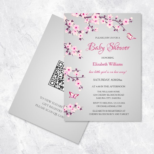 Cherry Blossoms Baby Shower Pink Grey Invitation (Creator Uploaded)