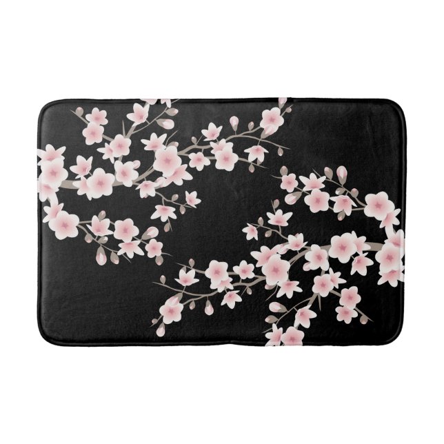  Cherry Blossoms BLUSH Pink Black Bath Mat (Front)
