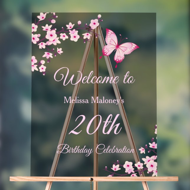 Cherry Blossoms Butterfly Birthday Acrylic Sign (Neutral)