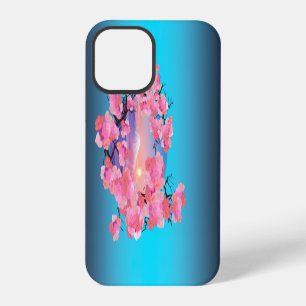 Cherry Blossoms by Mount Fuji in blue ombre iPhone 12 Pro Case