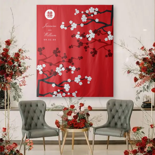 Cherry Blossoms Chinese Wedding Red Photo Backdrop Tapestry (White/Red Cherry Blossoms Double Happiness, Chinese Wedding Backdrop Tapestry @ fatfatin_red_knot)