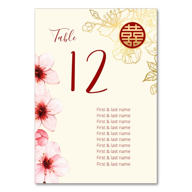Cherry Blossoms  Chinese Wedding Table Number (Front)