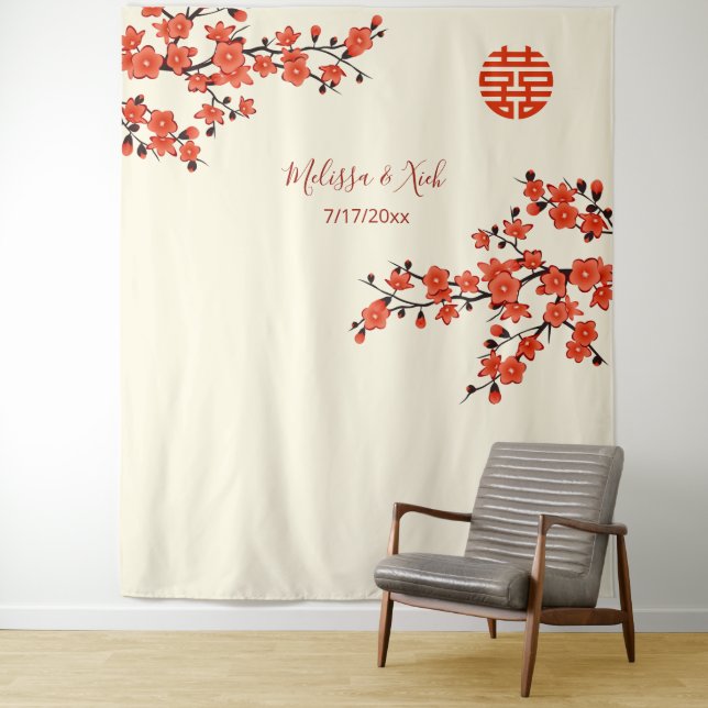 Cherry Blossoms  CreamChinese Wedding Backdrop Tapestry (In Situ)