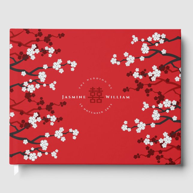 Cherry Blossoms & Double Happiness Chinese Wedding Guest Book (Front)