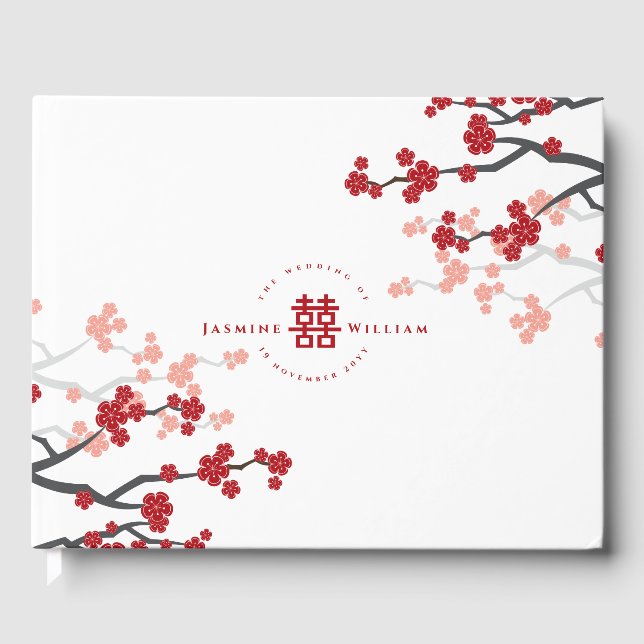 Cherry Blossoms & Double Happiness Chinese Wedding Guest Book (Front)