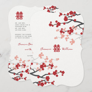 Cherry Blossoms Double Happiness Chinese Wedding Invitation