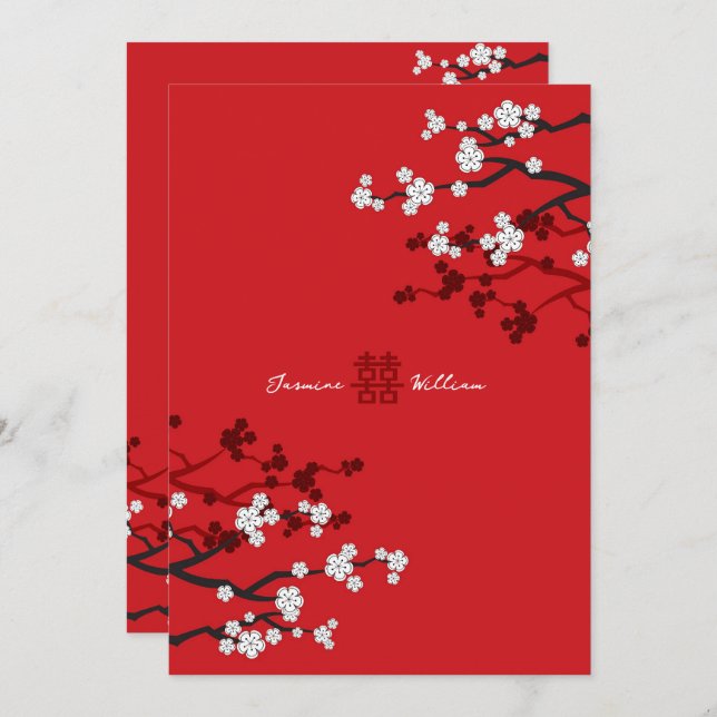 Cherry Blossoms & Double Happiness Chinese Wedding Invitation (Front/Back)