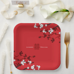 Cherry Blossoms & Double Happiness Chinese Wedding Paper Plate
