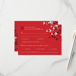 Cherry Blossoms Double Happiness Chinese Wedding RSVP Card