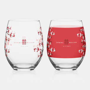 Cherry Blossoms & Double Happiness Chinese Wedding Stemless Wine Glass
