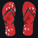 Cherry Blossoms & Double Happiness Chinese Wedding Thongs<br><div class="desc">White Cherry Blossoms Or Sakura Spring Flowers On Red With Modern Double Happiness Chinese Wedding Flip Flops. Oriental red and white cherry blossoms or sakura flowers with double happiness symbol. An elegant and romantic asian themed wedding design which is modern and classy. Cherry blossoms bloom in spring and symbolise new...</div>