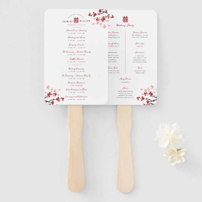 Cherry Blossoms Double Xi Chinese Wedding Program Hand Fan (Front and Back)